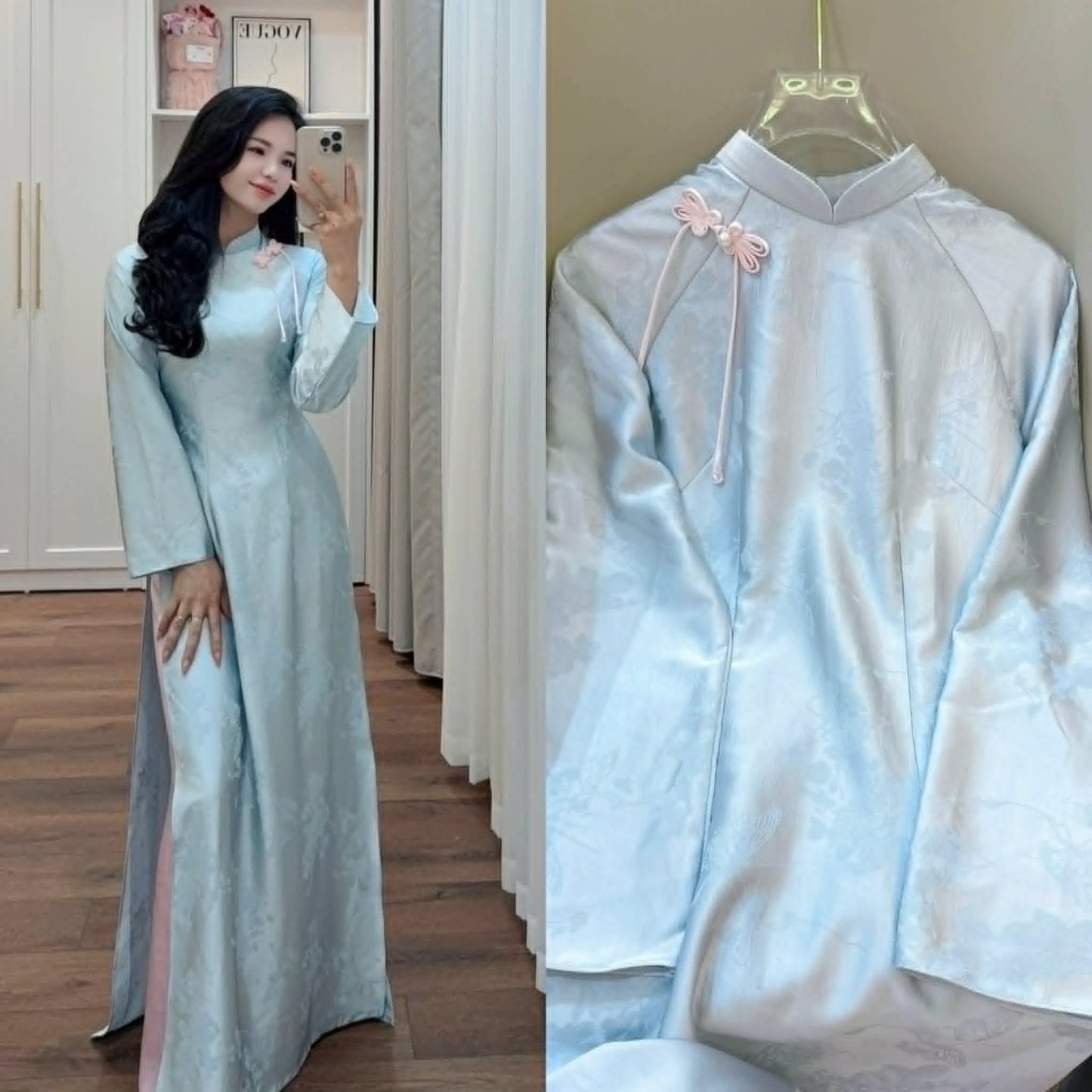 ANH HOA Set Ao Dai Gam Ha Nam Design For Women Light Blue Color/ Traditional Long dresses Vietnamese/Pink pants included/TT269