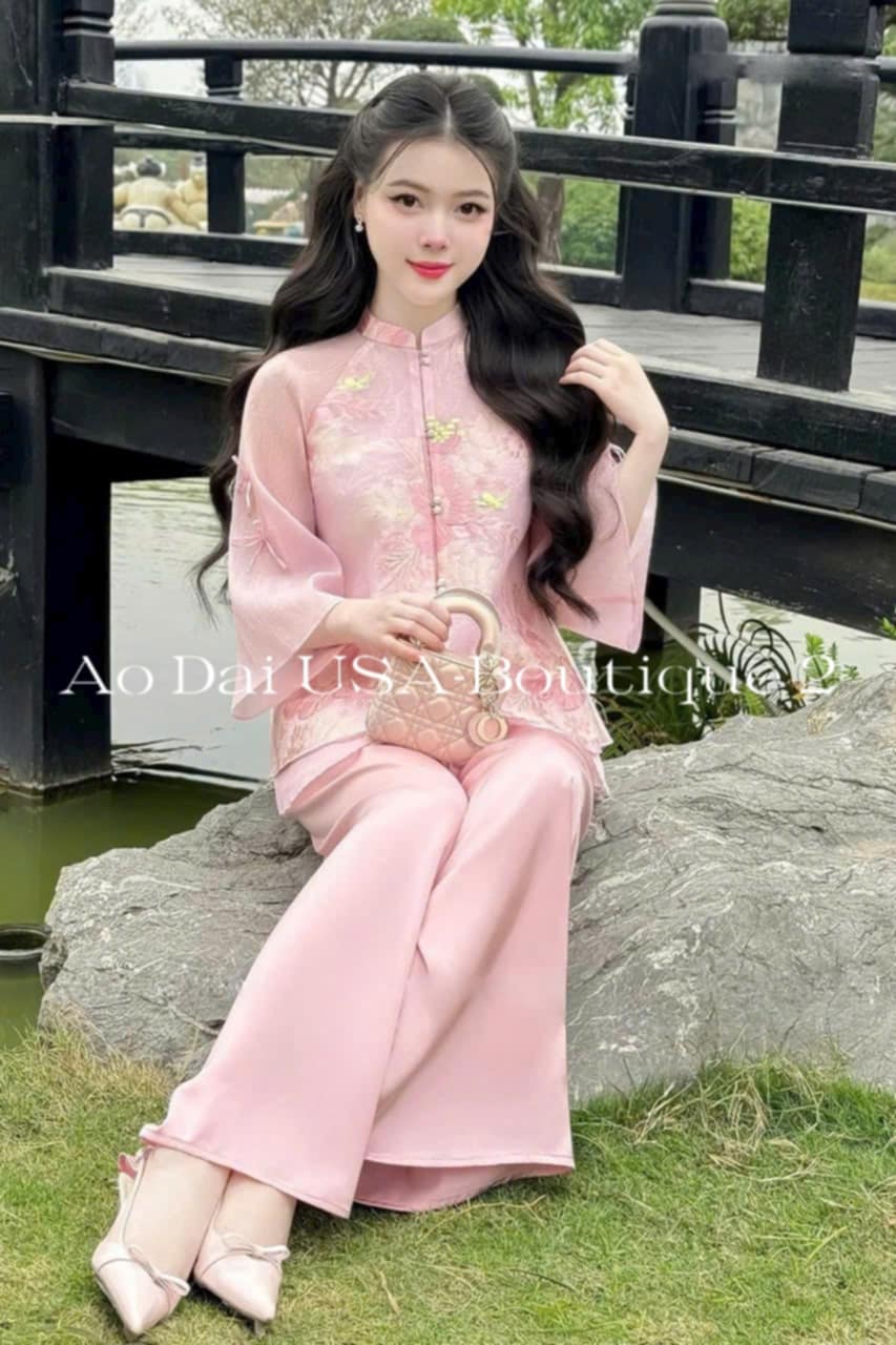 Set Ao Ba Ba Pink/Pre-made Traditional Vietnamese Phap Phuc with Pants/ G349