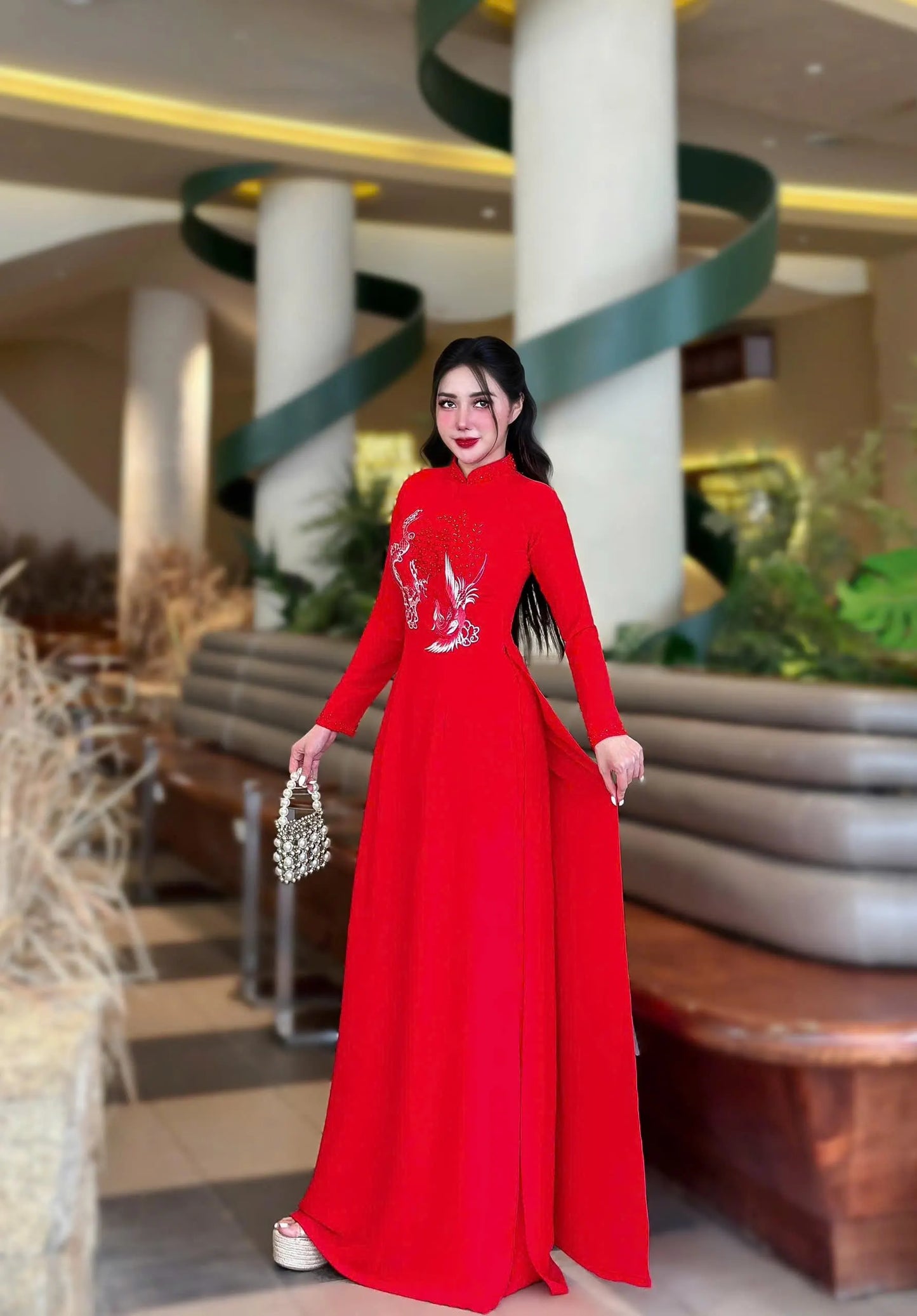 Set Ao Dai Wedding Red Color Matching/Red Pants included/W389