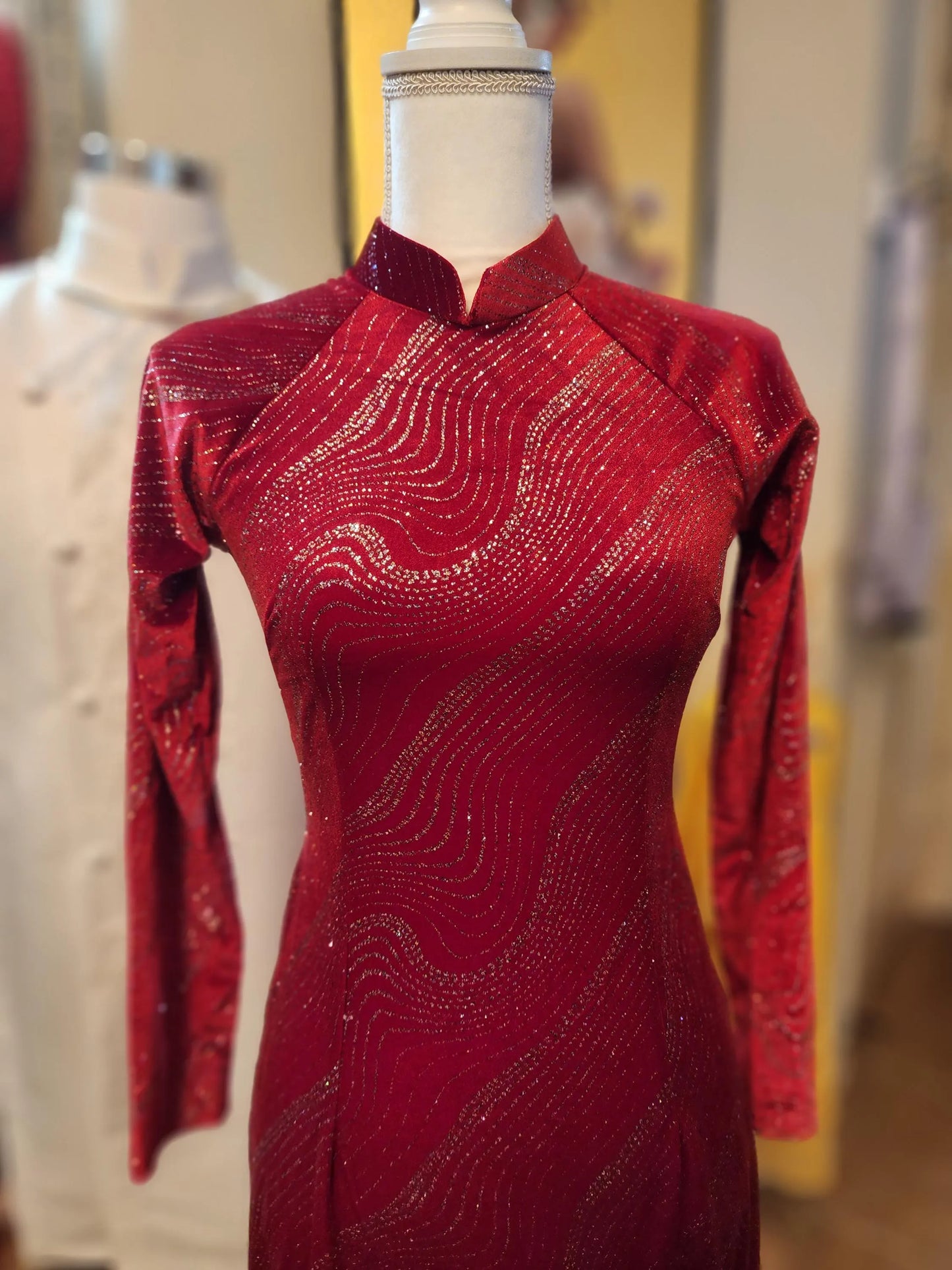 Ao Dai Nhung- Velet: Vietnamese Traditional Long Dress with white Pants G327