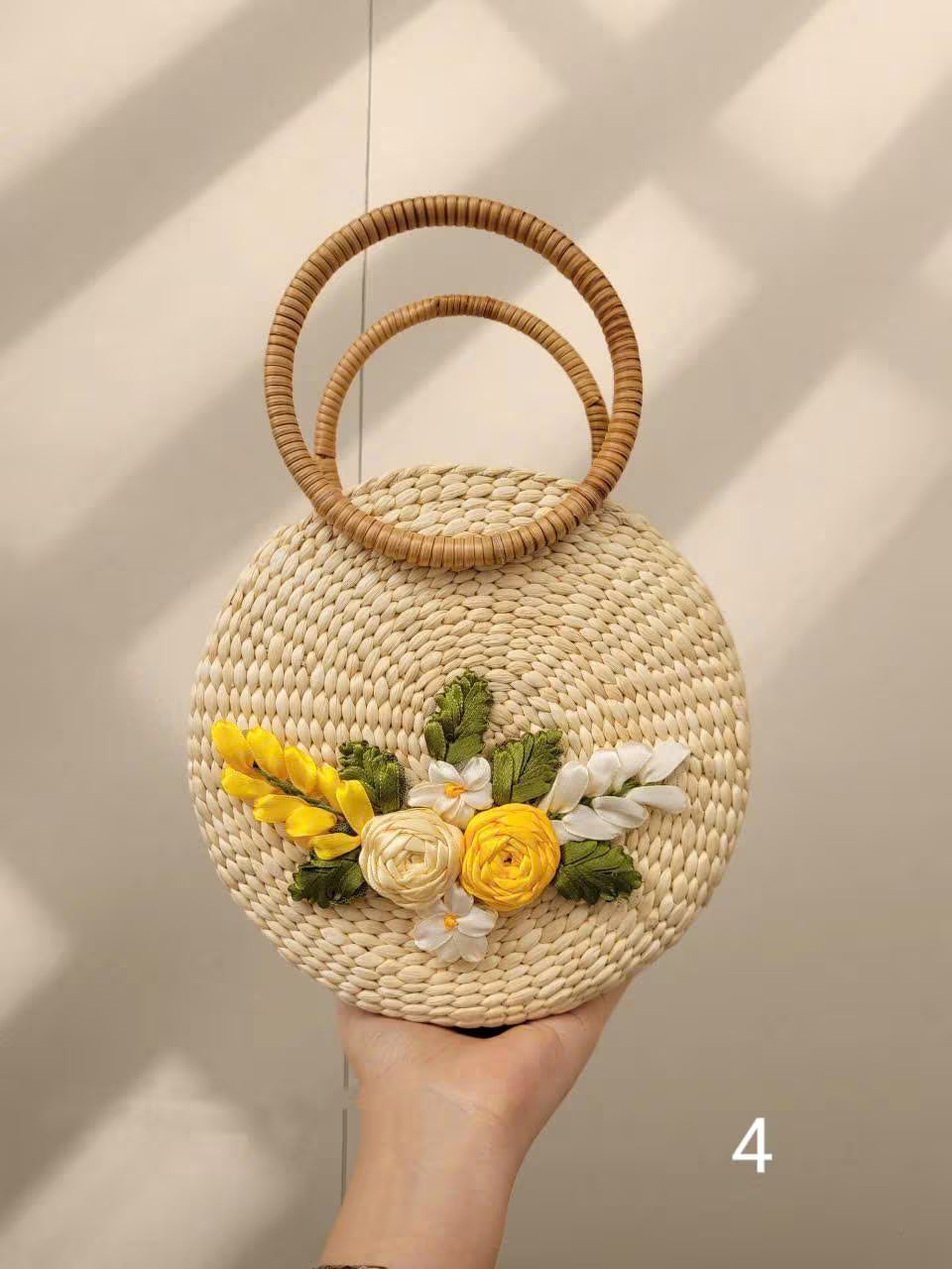Handmade Woven Rattan Bag with 3D Ribbon Flowers