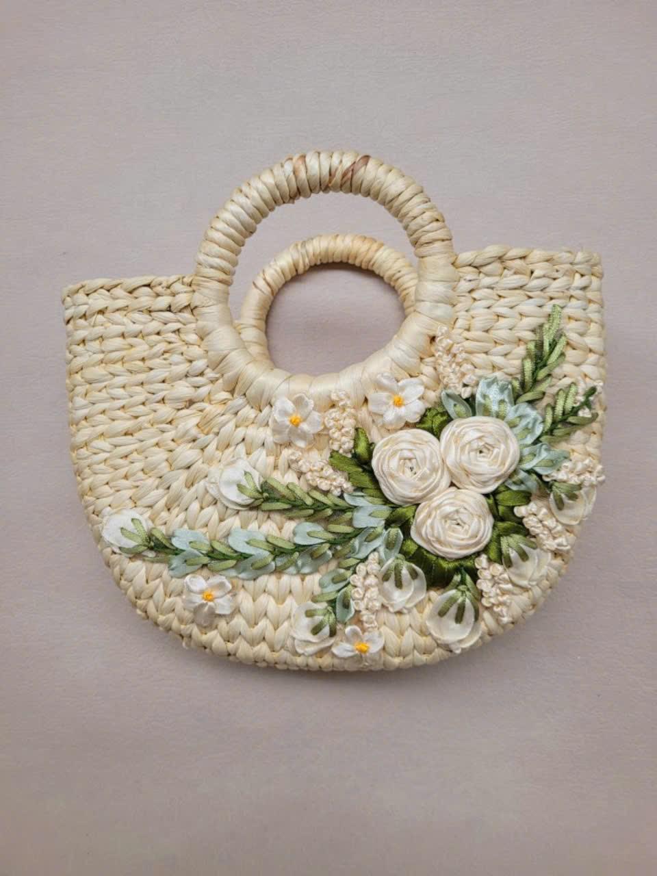 Vietnamese Basket Handbag, Handmade Woven Rattan Bag with 3D Ribbon Flowers