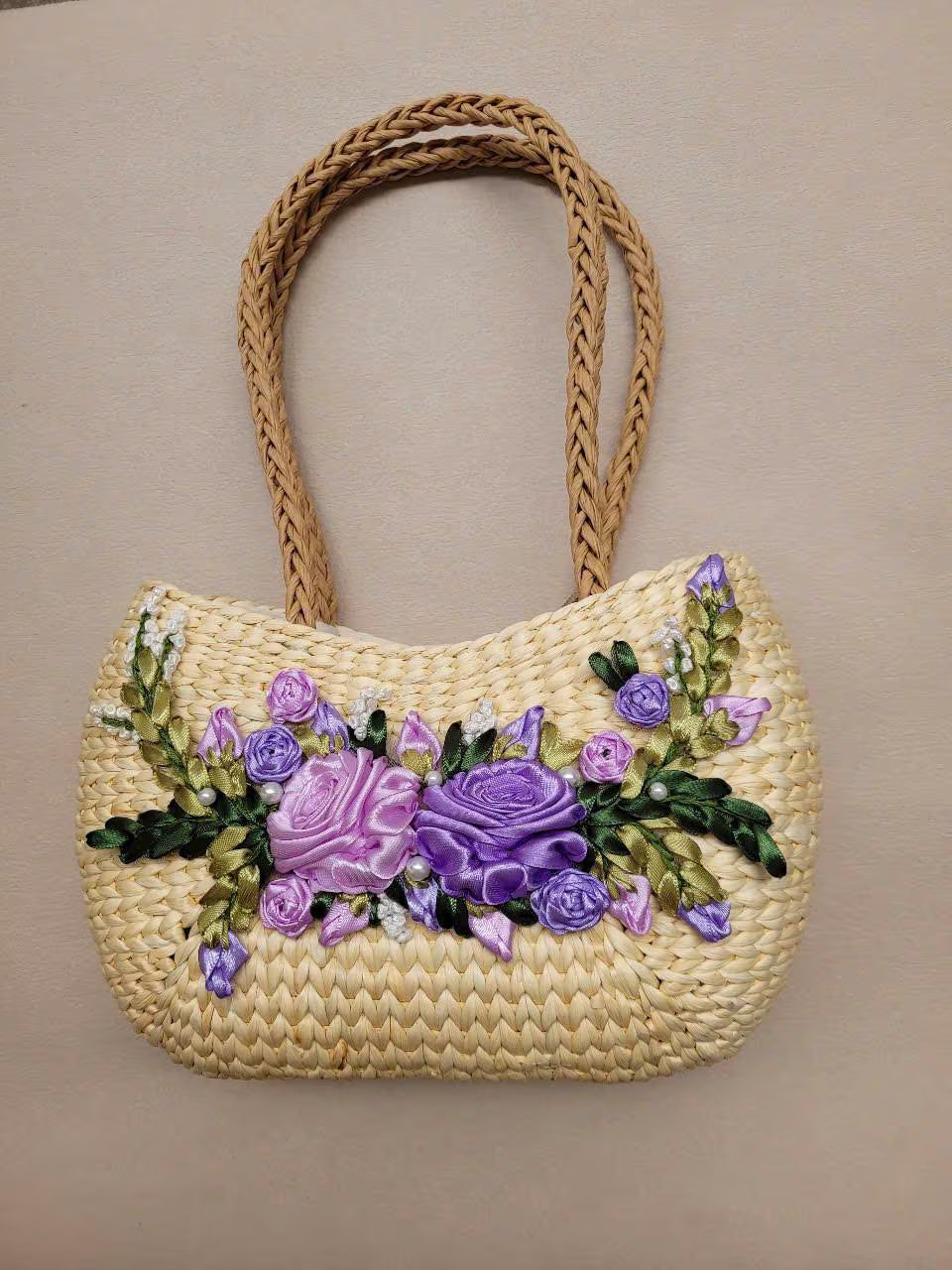 Handmade Woven Rattan Bag with 3D Ribbon Flowers, Floral Beach Bag | Vietnamese Basket Handbag