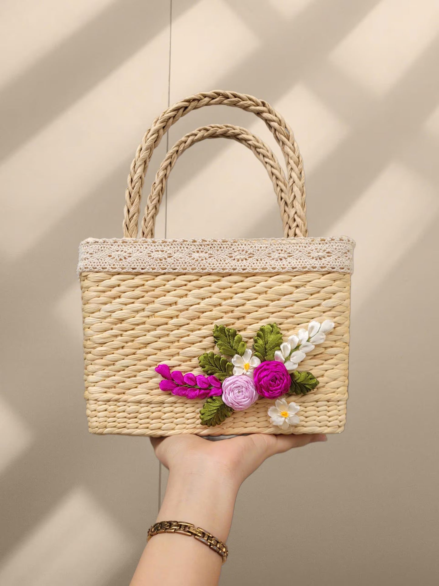 Handmade Woven Rattan Bag with 3D Ribbon Flowers | Straw Summer Purse | Floral Beach Bag | Vietnamese Basket Handbag