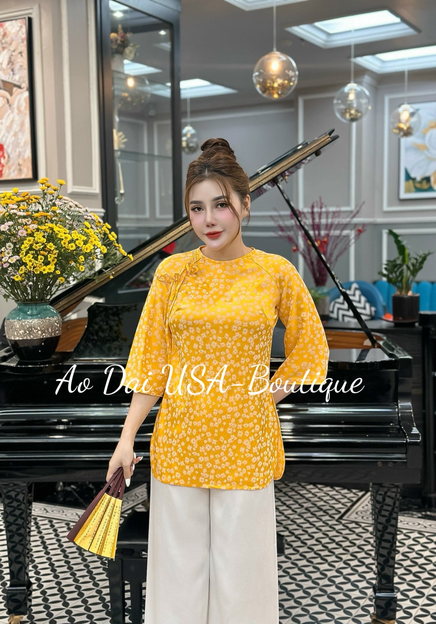 Yellow Set Ao Ba Ba- White pants