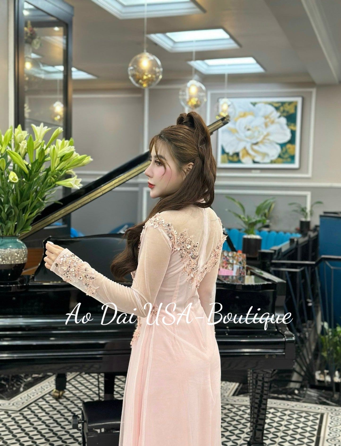 Set Ao Dai Thiet Ke Pink Color Chiffon Double Layer With Crystals And Pearls- DS15