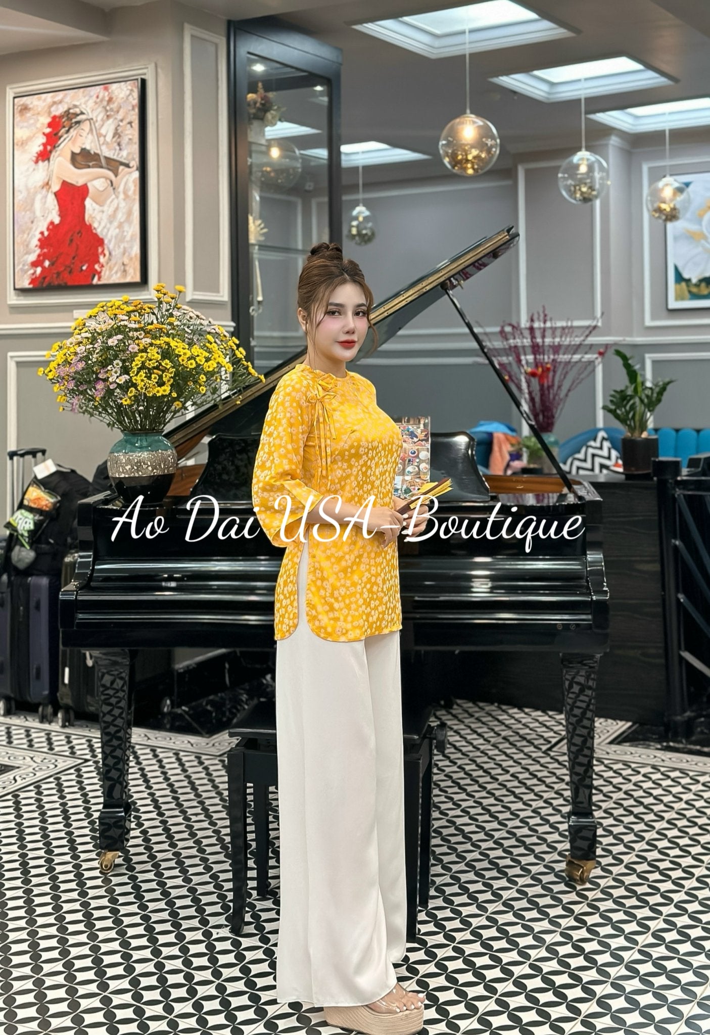 Yellow Set Ao Ba Ba- White pants