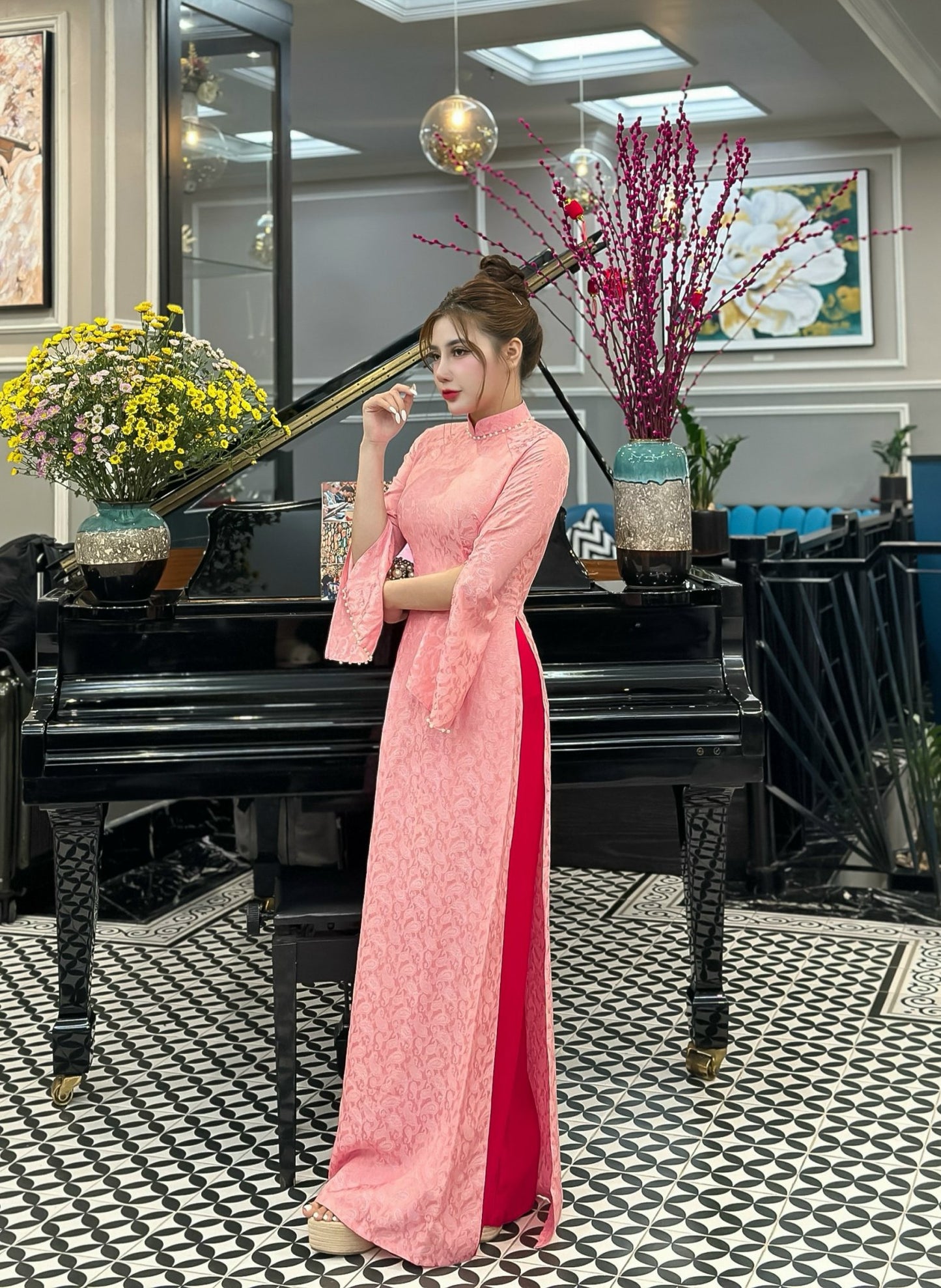 Only Áo- Pink Ao Dai Gấm Thai Tuan With crystal TT92