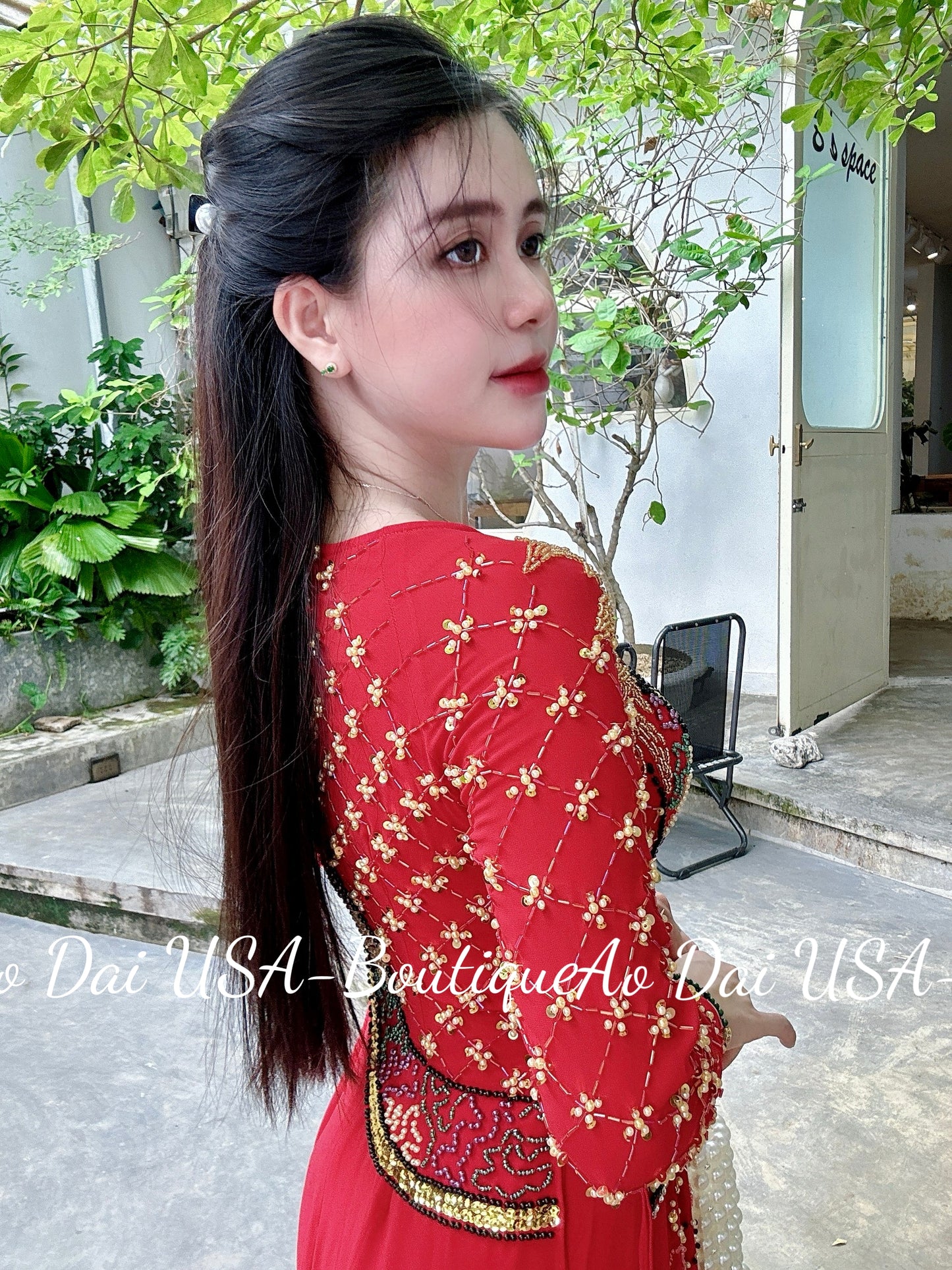 Set Ao Dai Design Dargon Chiffon Double Layers With Crystals And Pearls- TK45