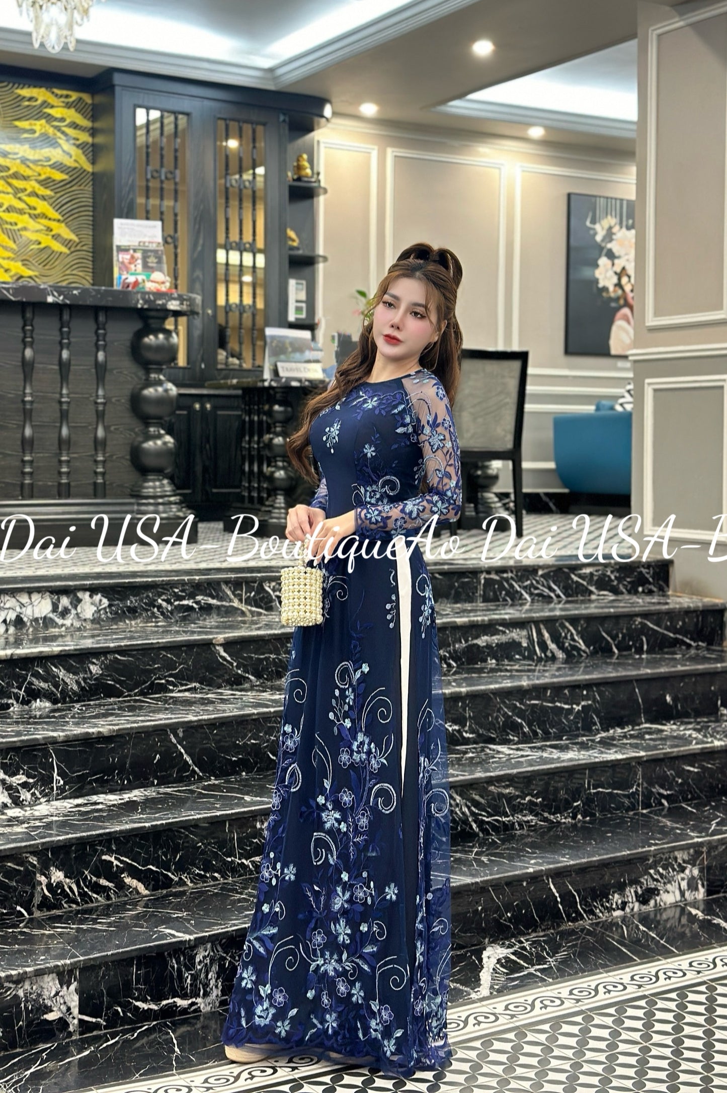 Double layers Lace Ao Dai- Blue Color-No pants included B263