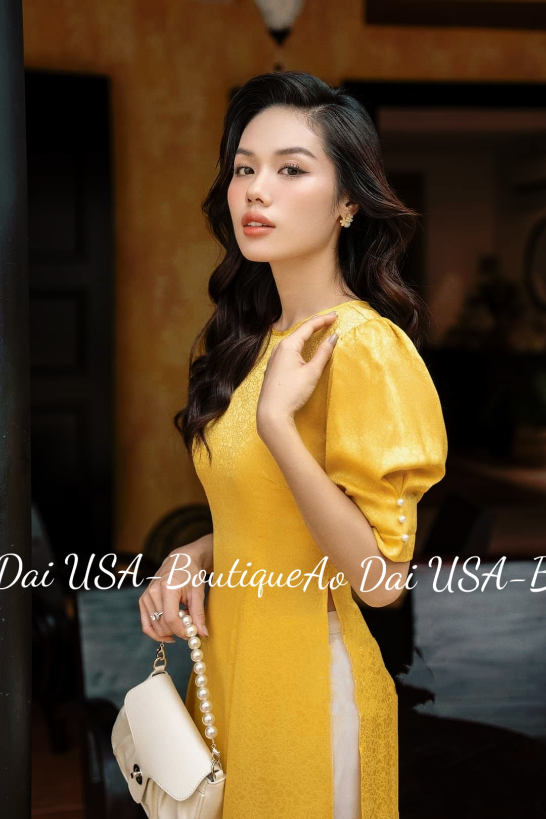 Top Only- Ao dai gấm tơ Yellow Short Sleeves B229