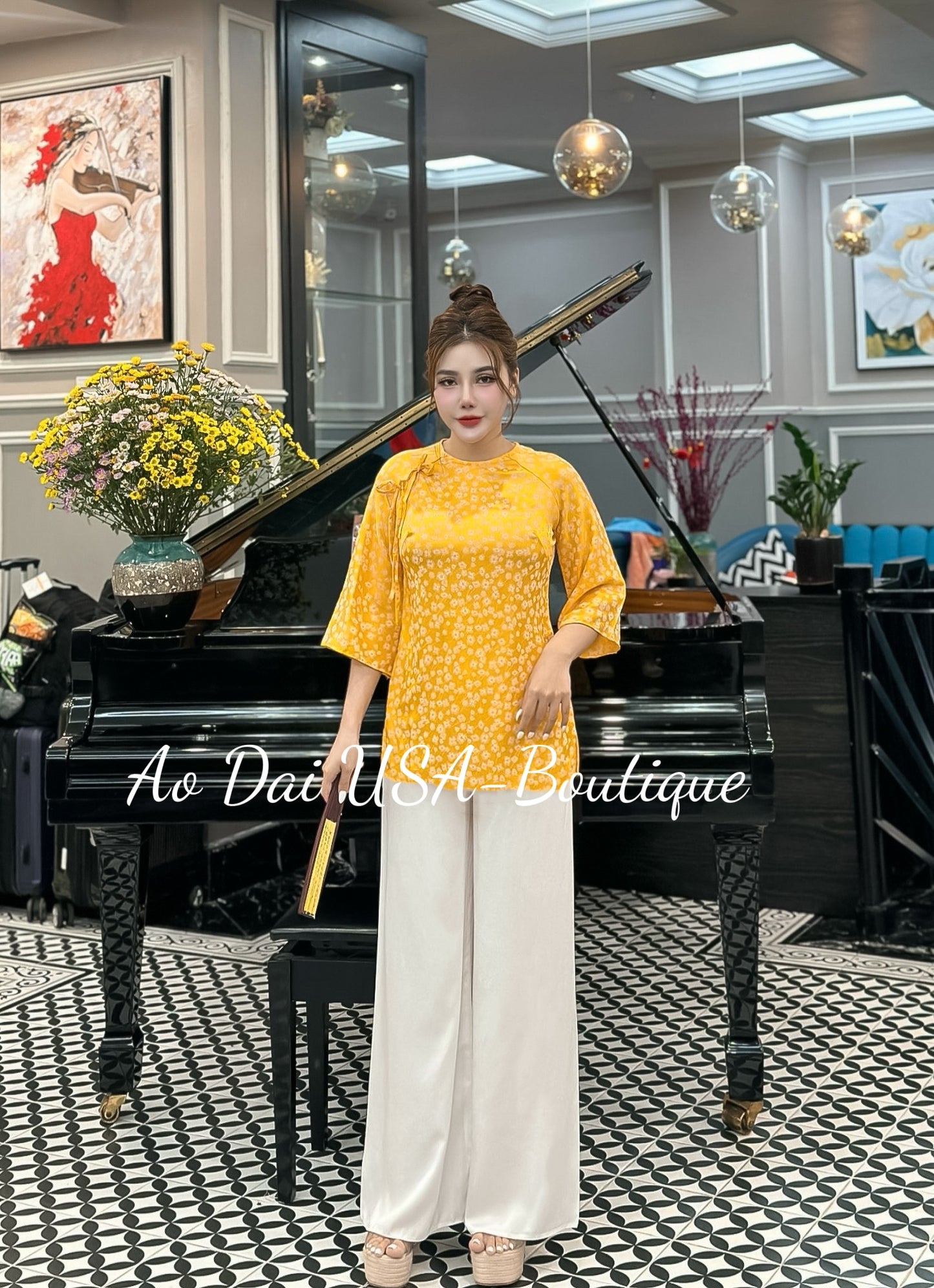 Yellow Set Ao Ba Ba- White pants