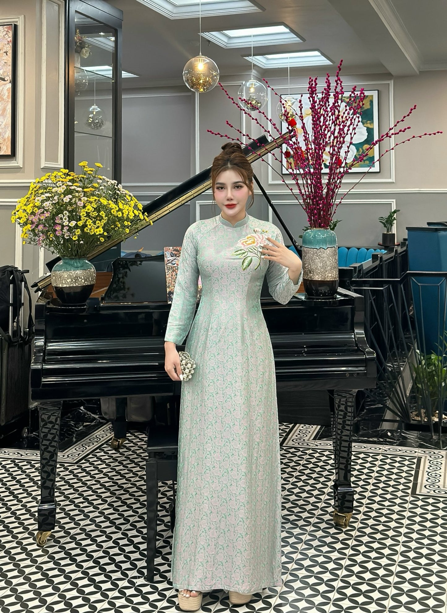 Top Only- Mulberry Silk Ao Dai Flower Embroidery B11