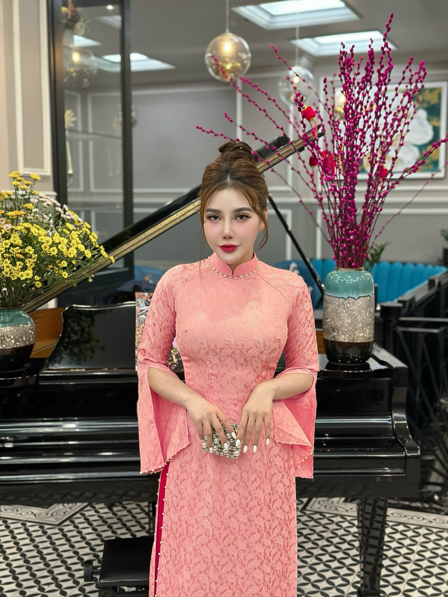 Only Áo- Pink Ao Dai Gấm Thai Tuan With crystal TT92