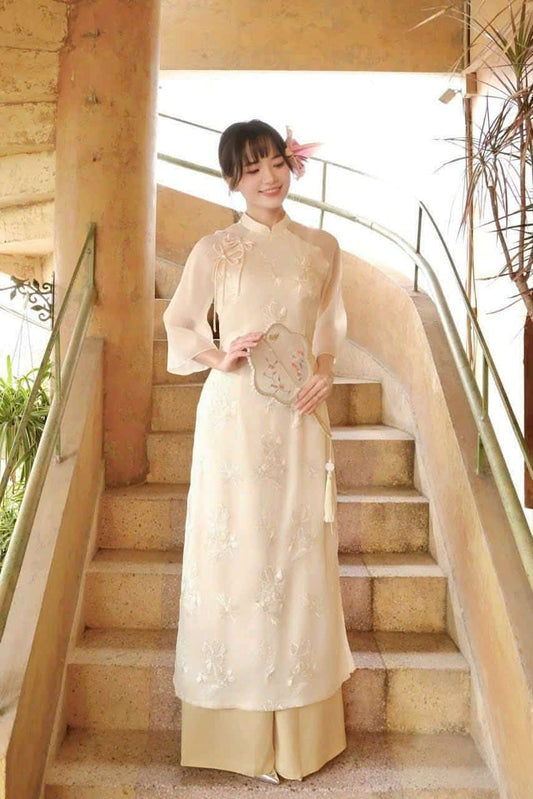 MO HOA Set Ao Dai Lua To 4 ta/Lunar New Year/Ao Dai Cach Tan/Gold pants included