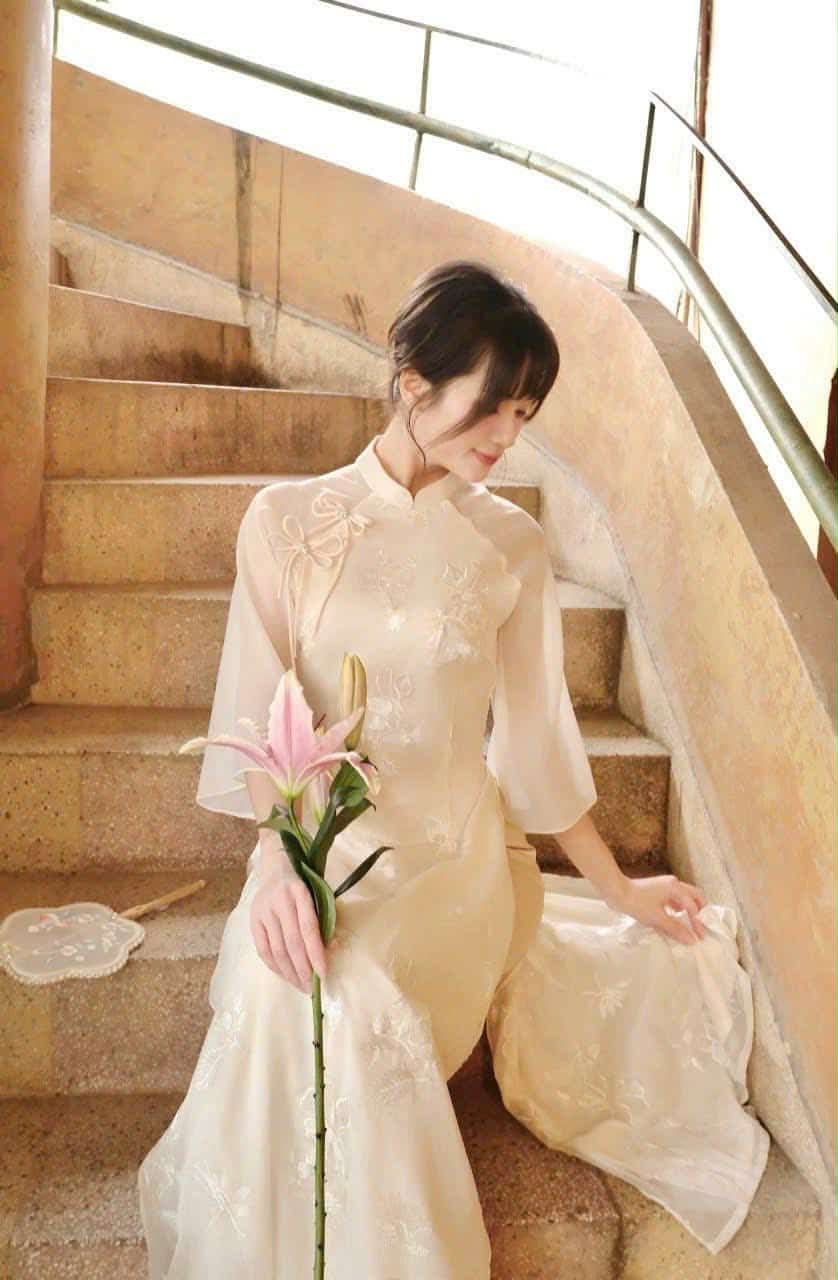 MO HOA Set Ao Dai Lua To 4 ta/Lunar New Year/Ao Dai Cach Tan/Gold pants included