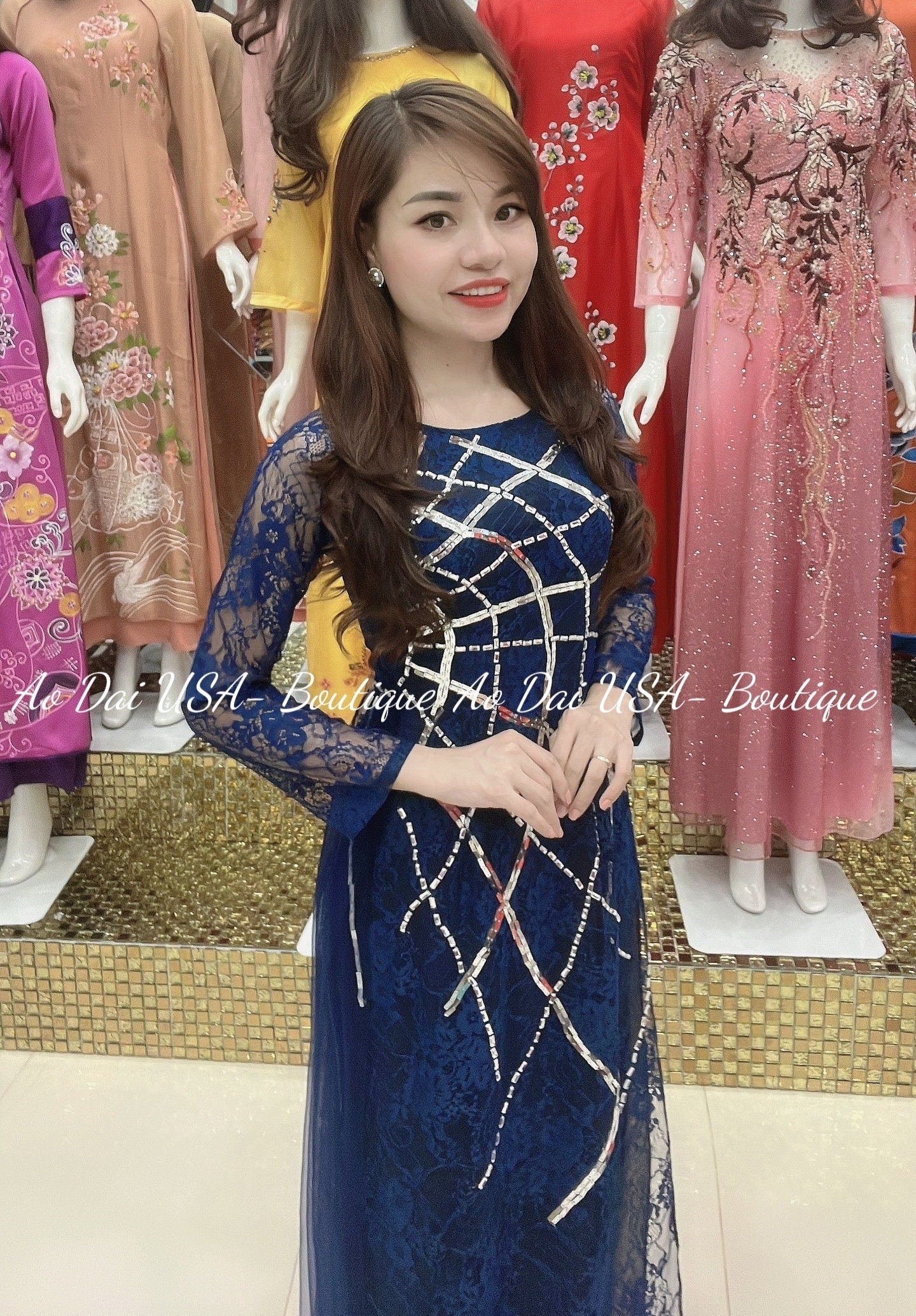 Top Only- Lace Design Ao Dai Double layers with pearls and crystal- B247