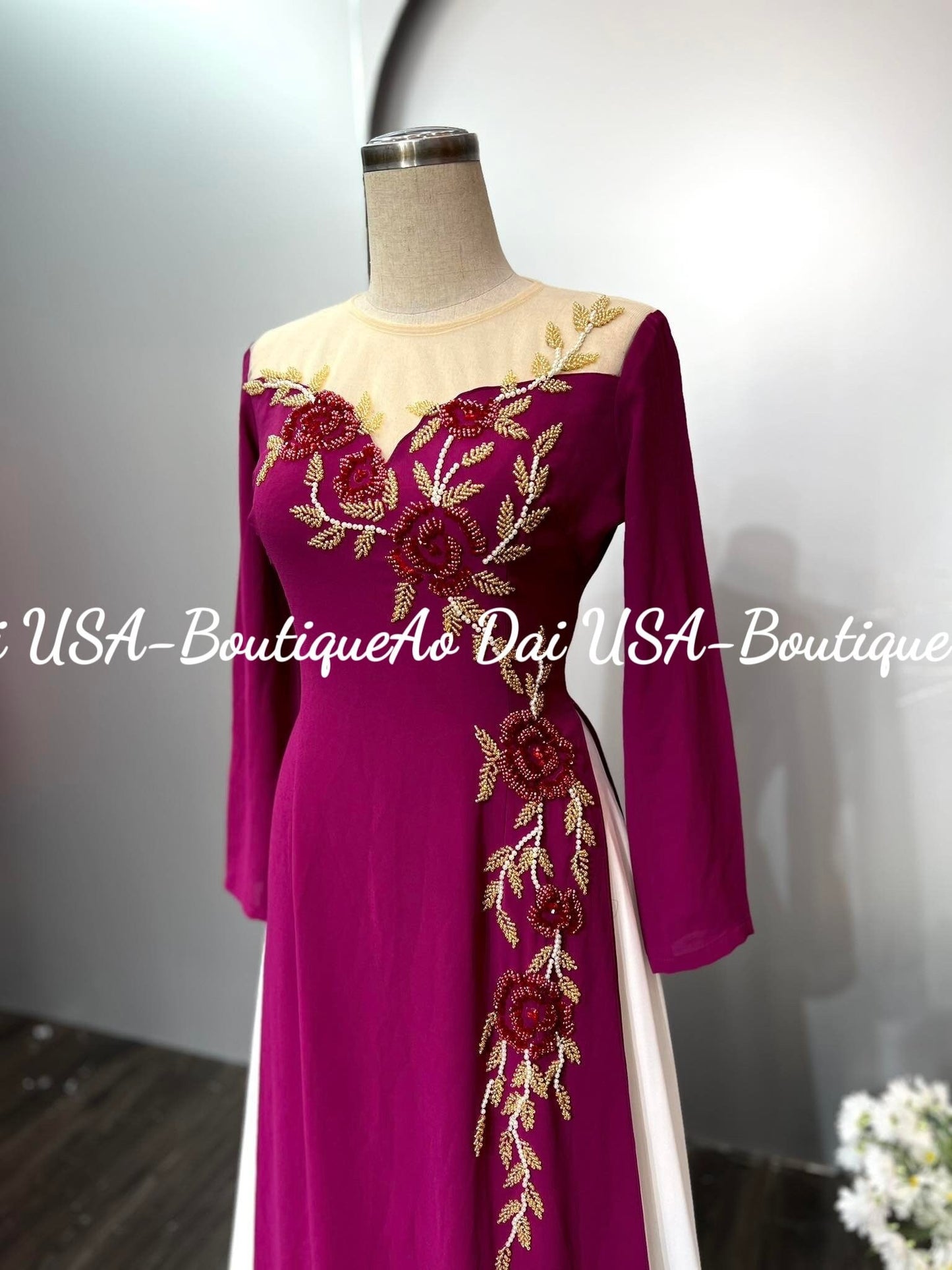 Set Ao Dai Chiffon Double Layers Purple Color with Crystals and pearls-White pants include-DS13