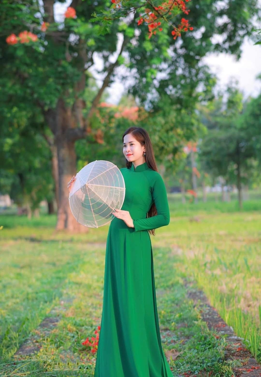 Set Ao Dai Chiffon Tron Green Color B113 – Ao Dai USA-Boutique