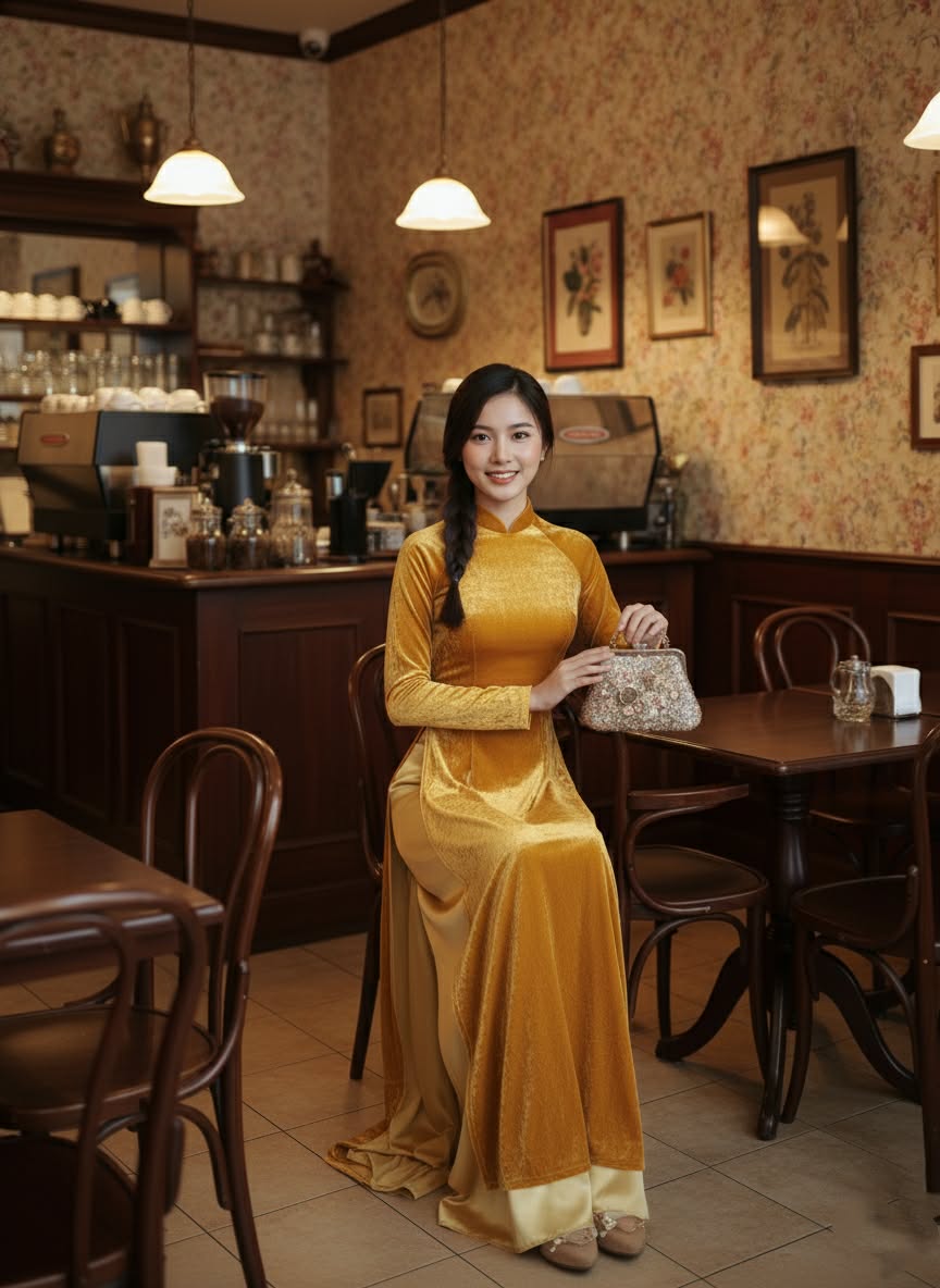 Ao Dai Nhung- Velet: Vietnamese Traditional Long Dress / Yellow Color/ No pants/ TT89