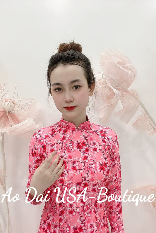 Top Only-Ao Dai Hoa Lua Mã Não Pink Color- B239