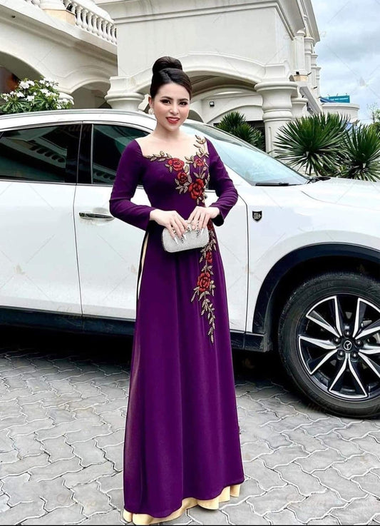 Set Ao Dai Chiffon Double Layers Purple Color with Crystals and pearls-White pants include-DS13