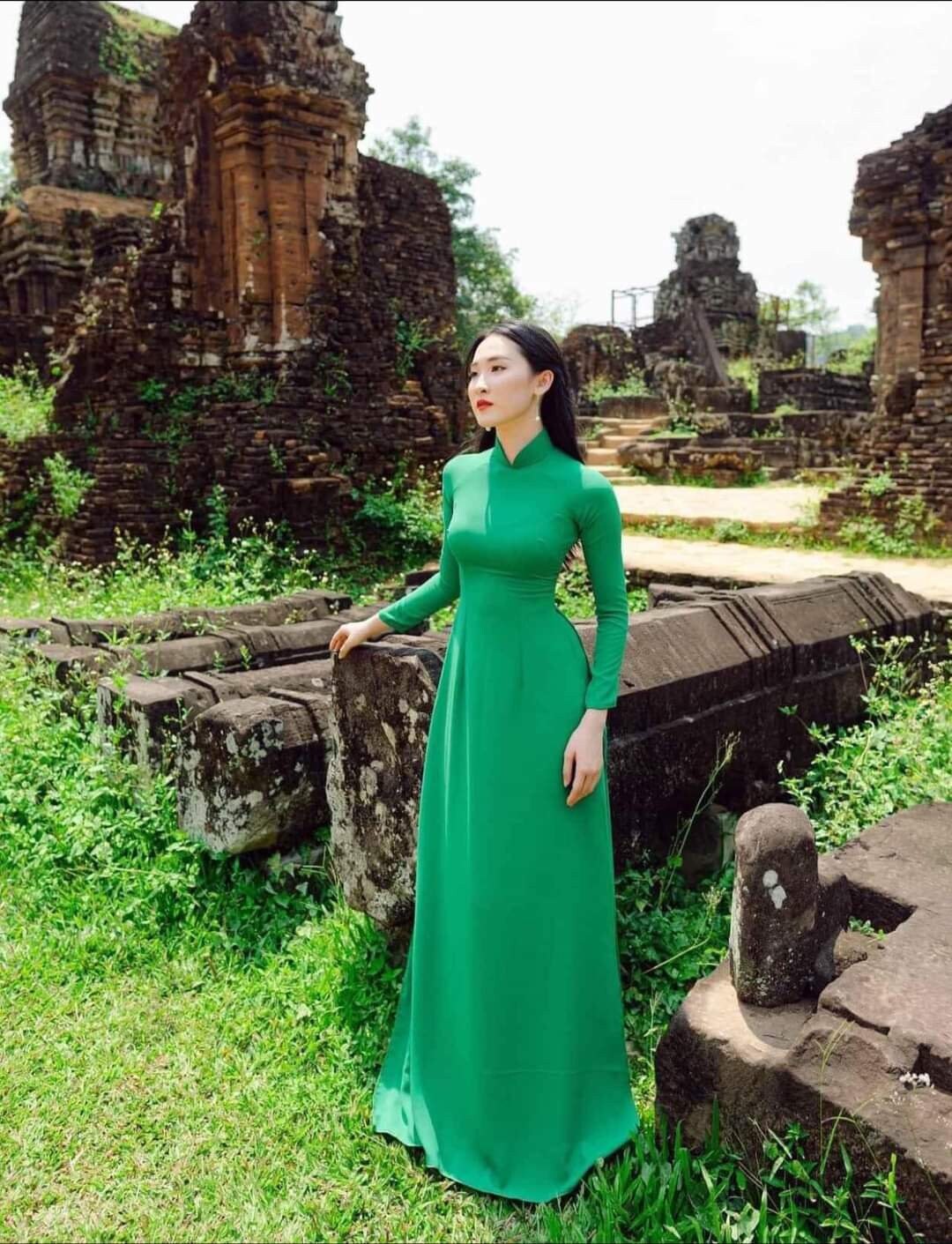 Set Ao Dai Chiffon Tron Green Color B113 – Ao Dai USA-Boutique