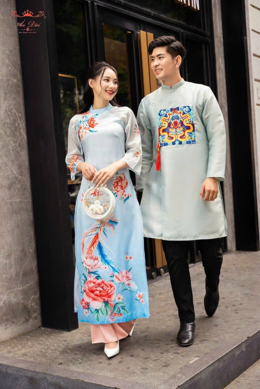 Family Printed Blue Ao Dai Set -Pants included B280