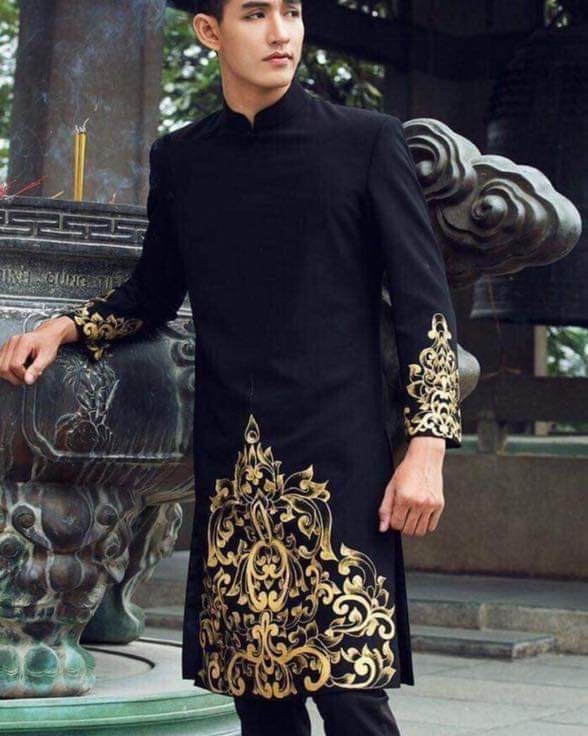 Ao Dai For Men Embroidery Black Color B216