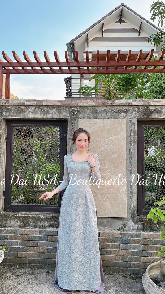 Top Only- Lace Ao Dai Gray Color Double Layers- B253