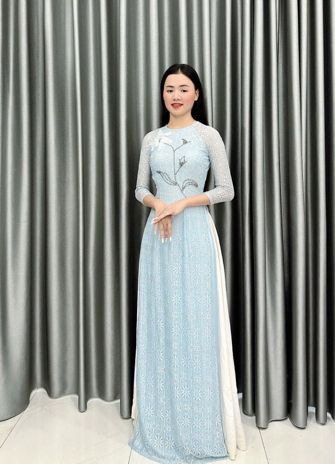 Top Only-Lace Ao Dai Blue color- B252