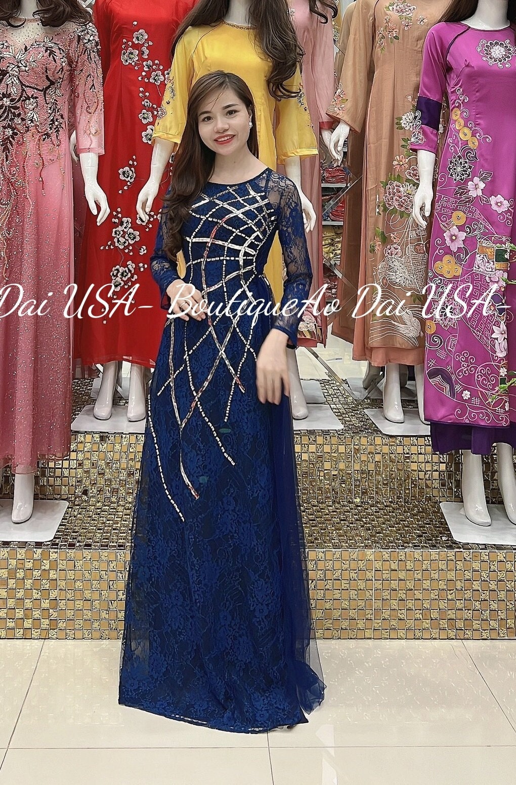 Top Only- Lace Design Ao Dai Double layers with pearls and crystal- B247