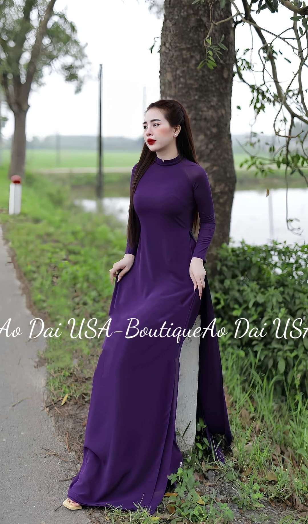 Set Ao dai Chiffon Tron dark puprle B114