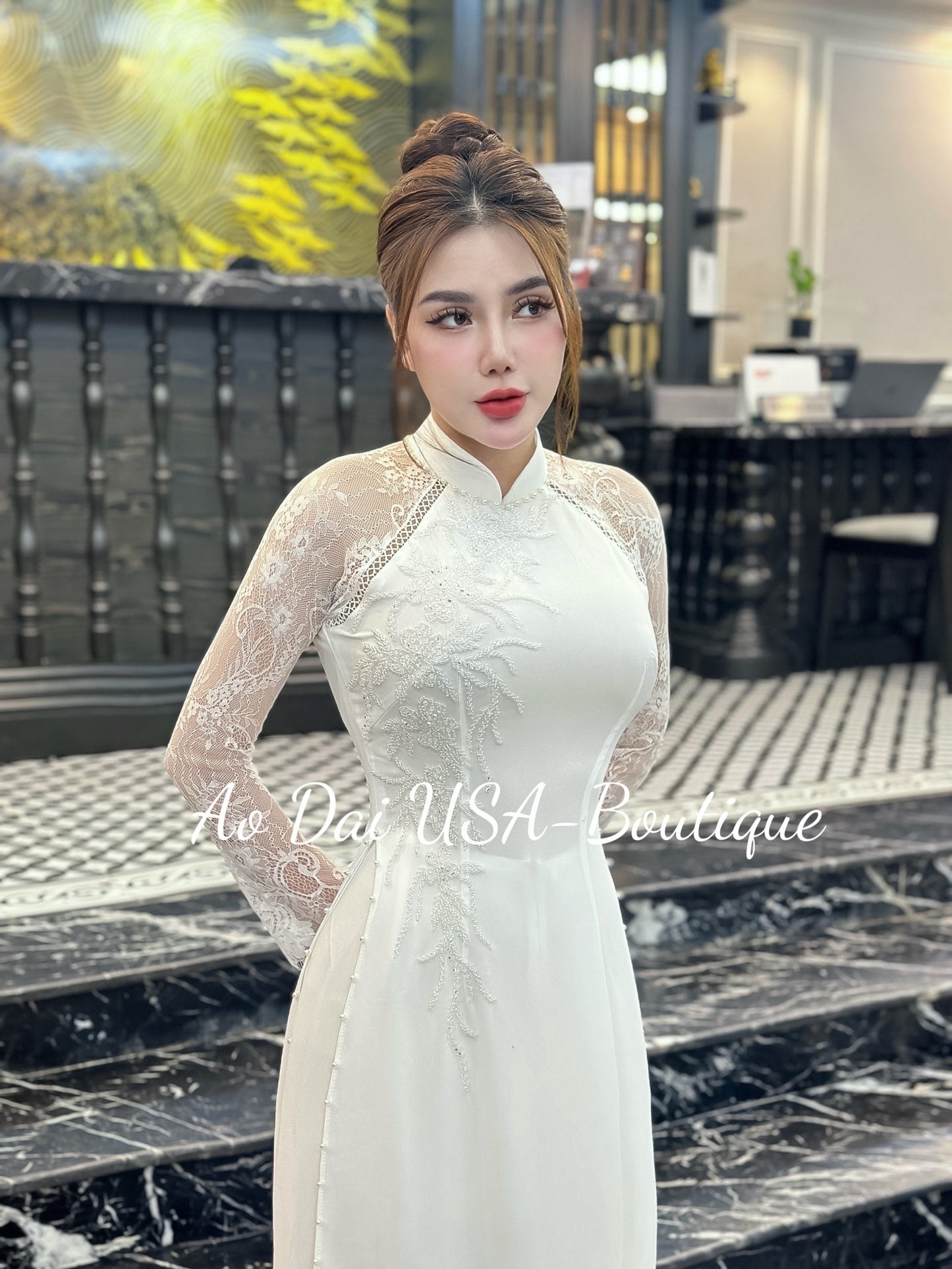 Set Ao Dai Chiffon Double layers -White color design with lace- White Pants included.