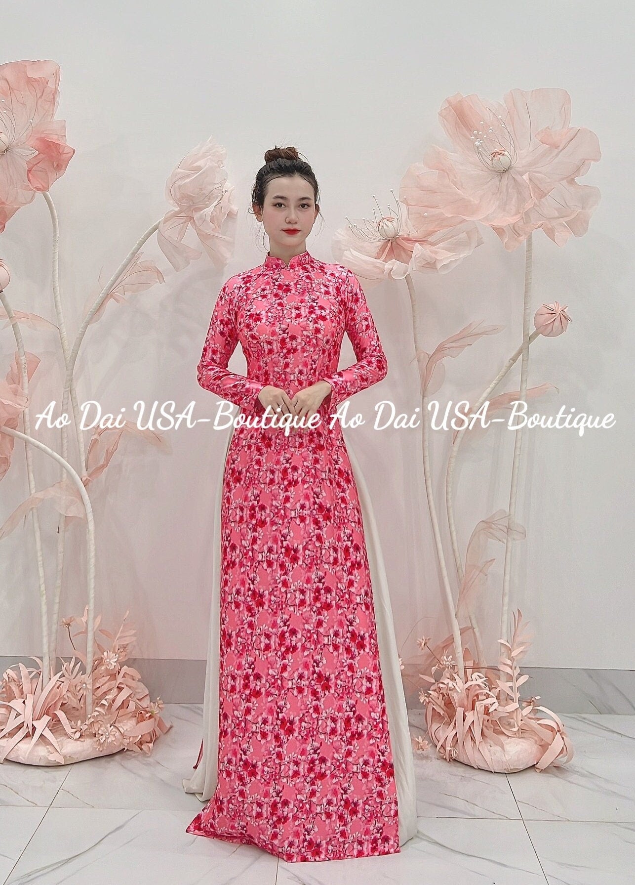 Top Only-Ao Dai Hoa Lua Mã Não Pink Color- B239