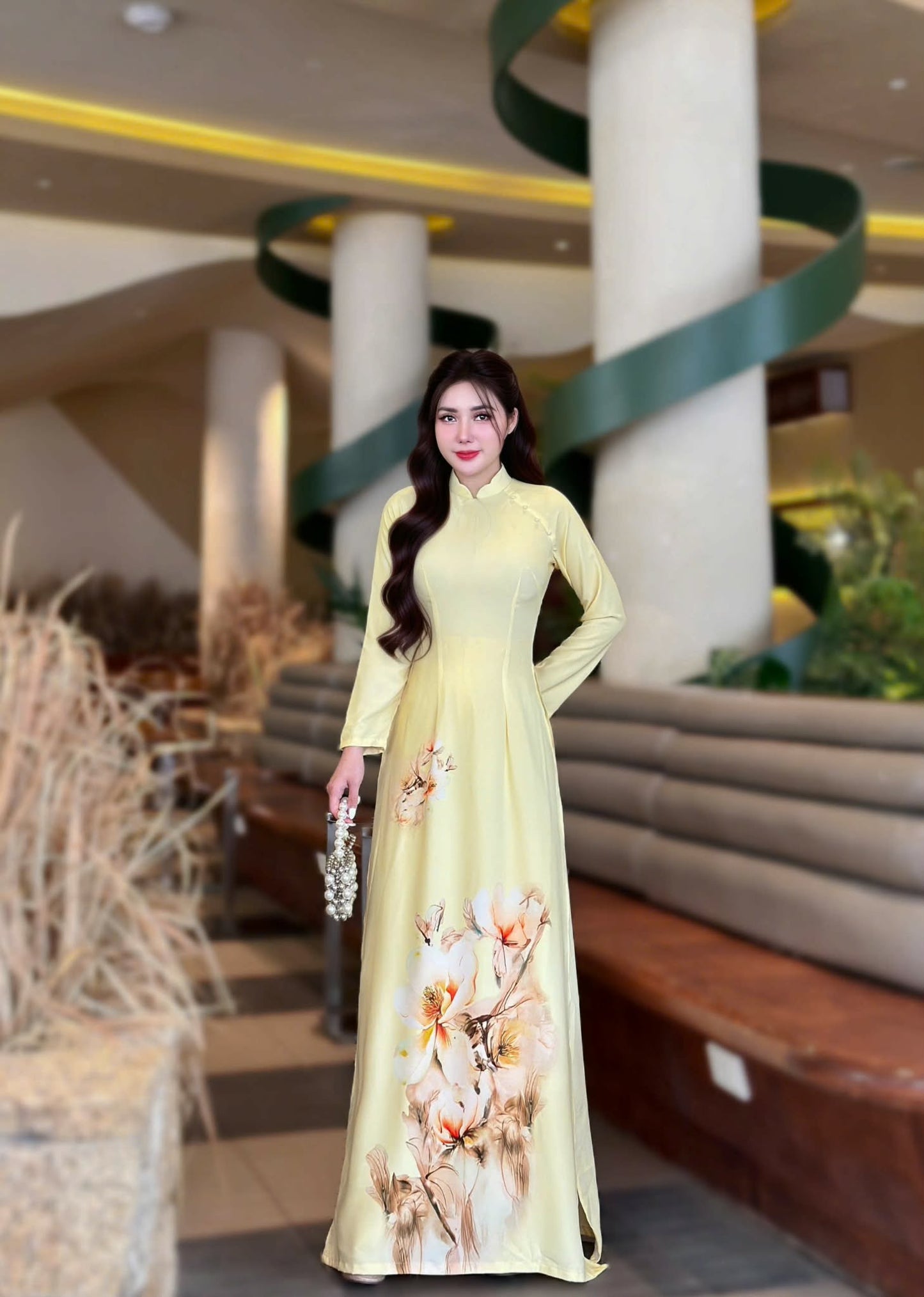 Set Ao Dai Lua Thai Tuan In 3D/Light Yellow Vietnamese Dress G329