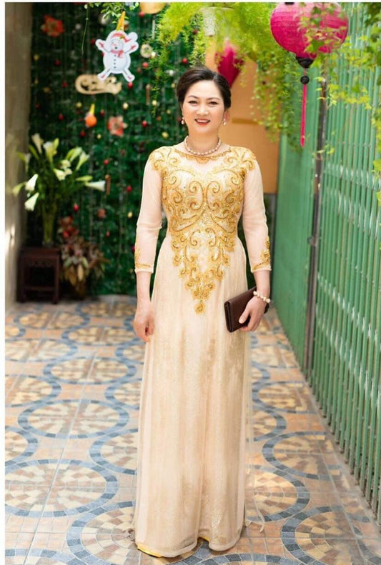 Triple Layers Ao Dai Set with Lace And Silk- Crystal And Pearls Designed-DS28