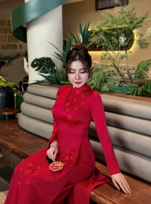Set Ao Dai Lua Tô Châu Dark Red with Red Pants with Pants/ B250