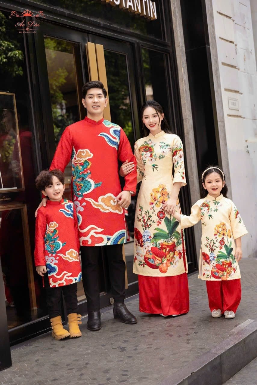 Set Ao Dai Gia đình Matching Gấm nổi In Ao Dai Set