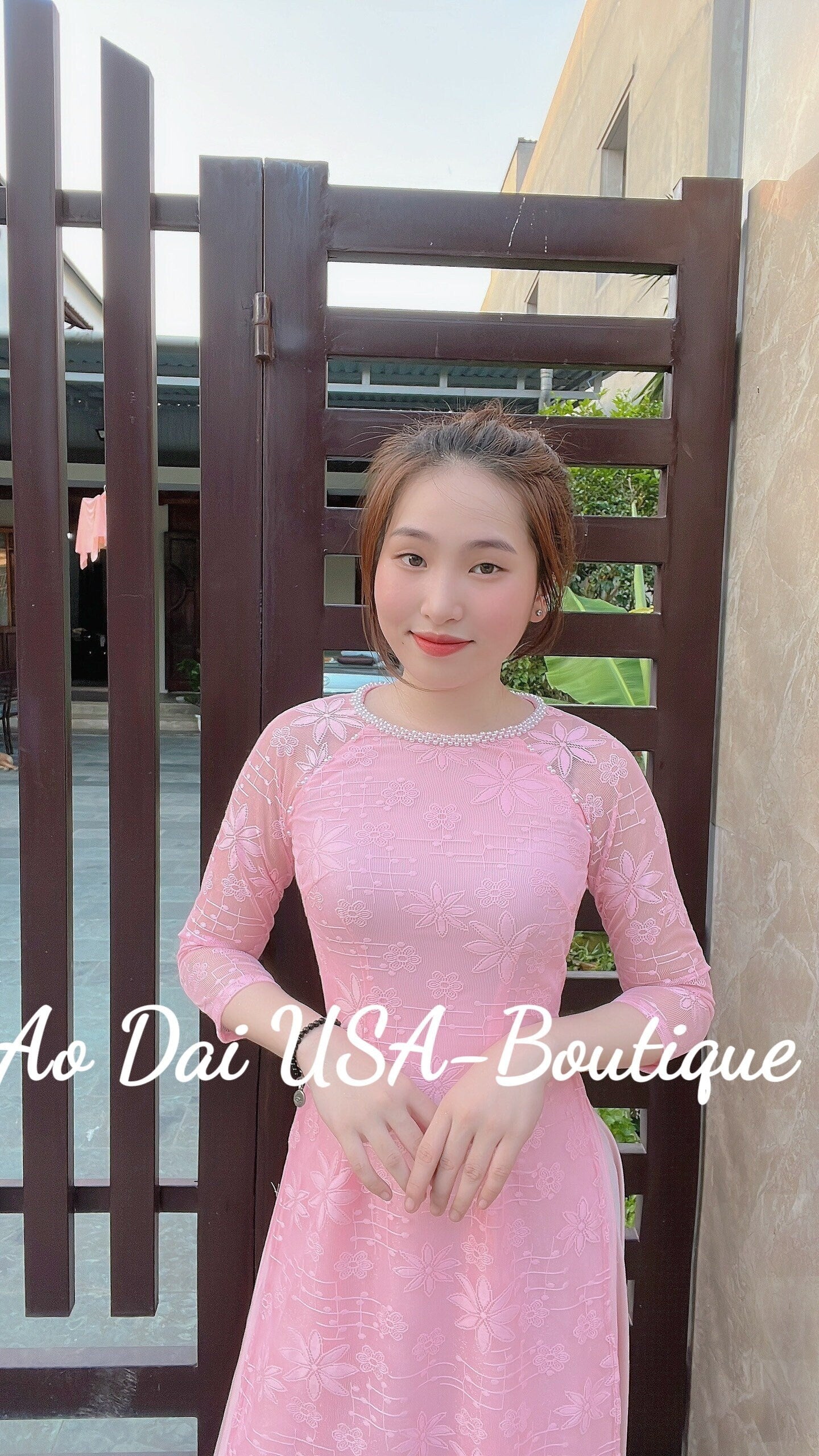 Top Only- Lace Ao Dai Pink Color Double Layers- B247