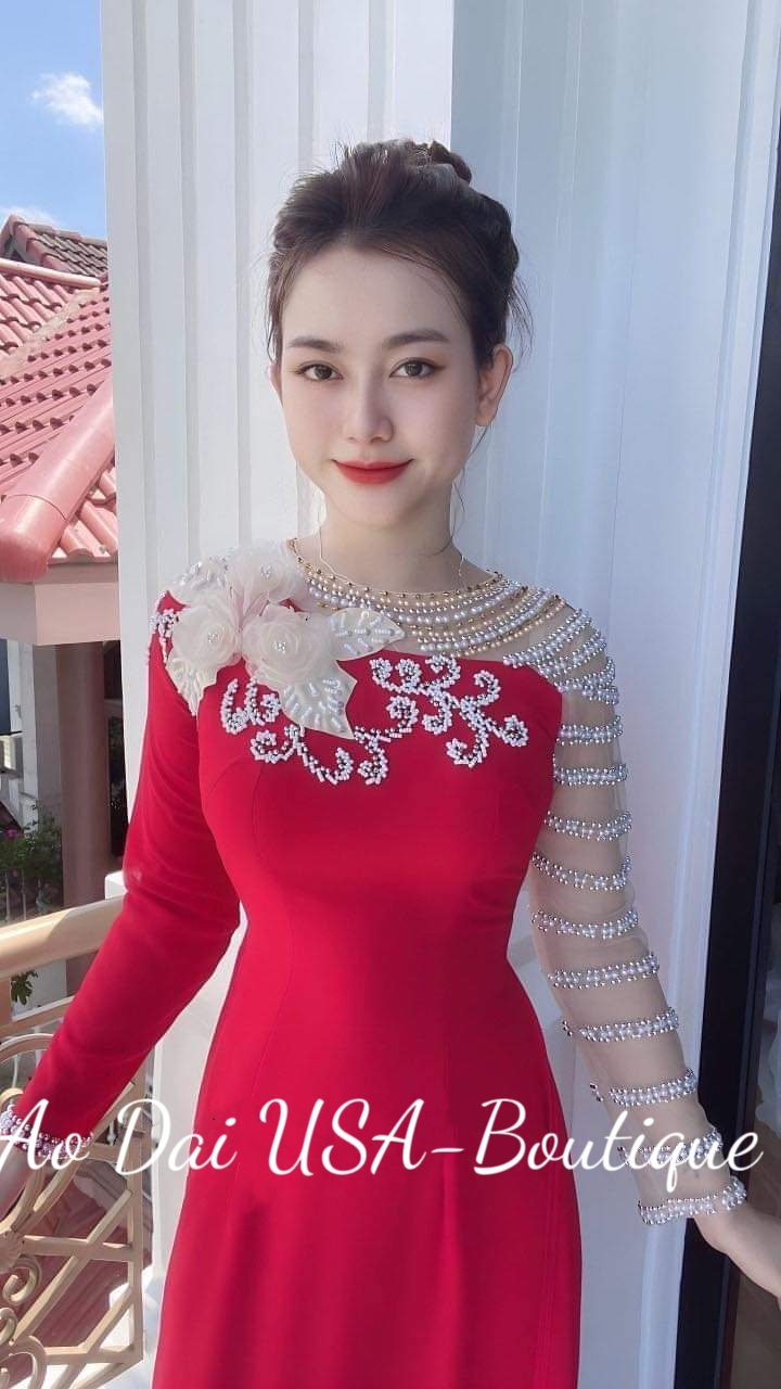 Design Ao Dai Chiffon Double Layer With Pearls And Crystal- DS