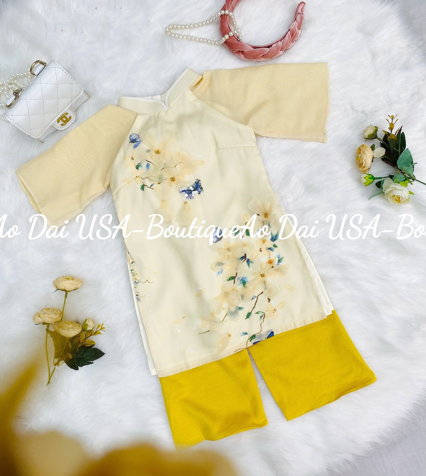 Set Ao Dai Mẹ và be Gai matching mom and girls- Pants included B284