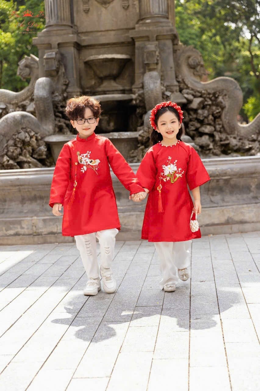 Set Family Red Ribbon Ao Dai Set (No Headband) | Pants included B125