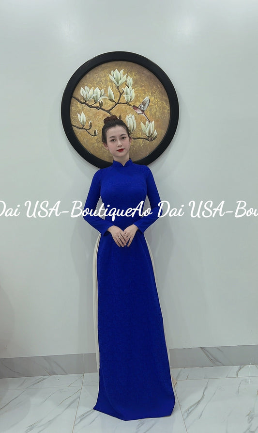 Set Tơ tằm Tuyết Mai/ Blue coban color ao dai traditional viet nam/white pants included.