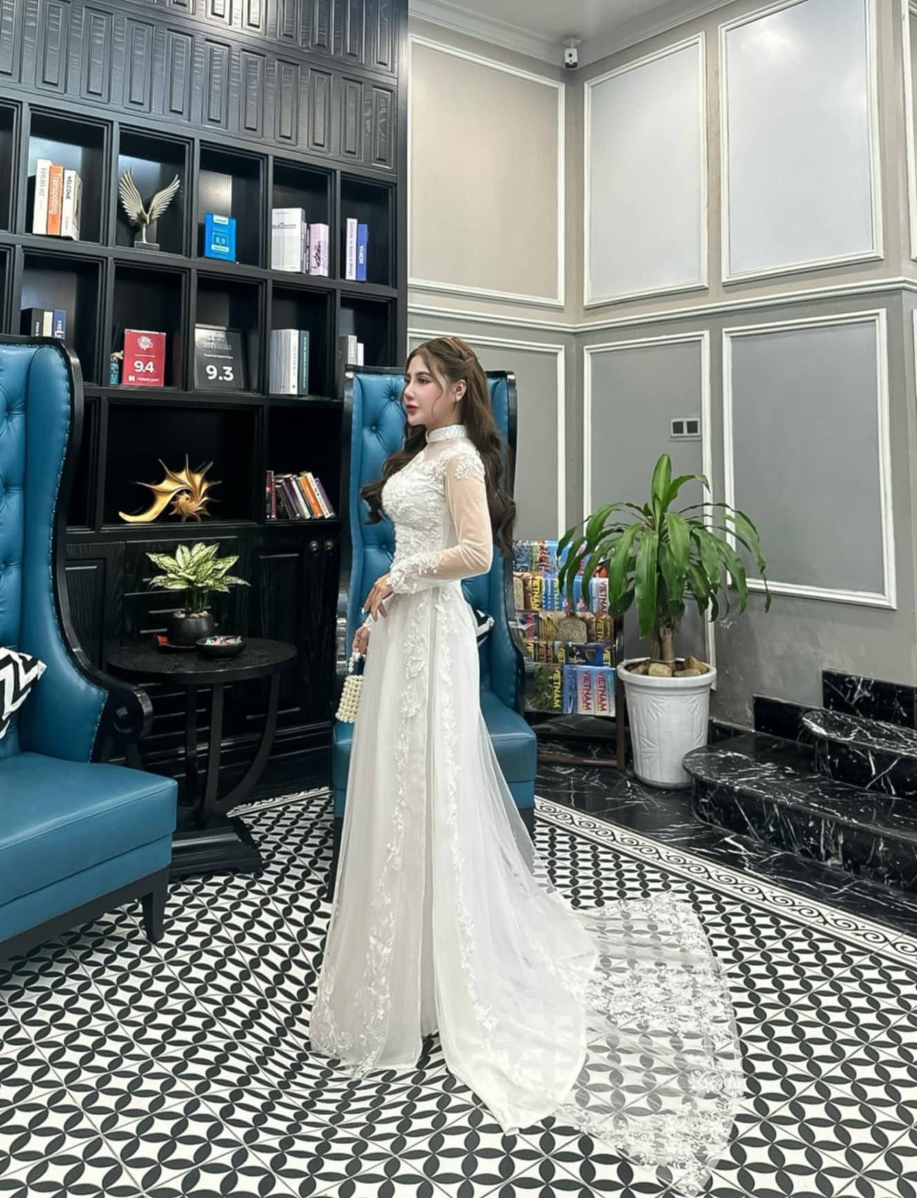 Set Ao Dai Chiffon Triple layers Design with Crystal G374