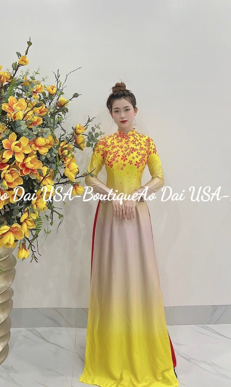 Top Only-Ao dai Hoa lua Mã Não Yellow 3D color- TT106