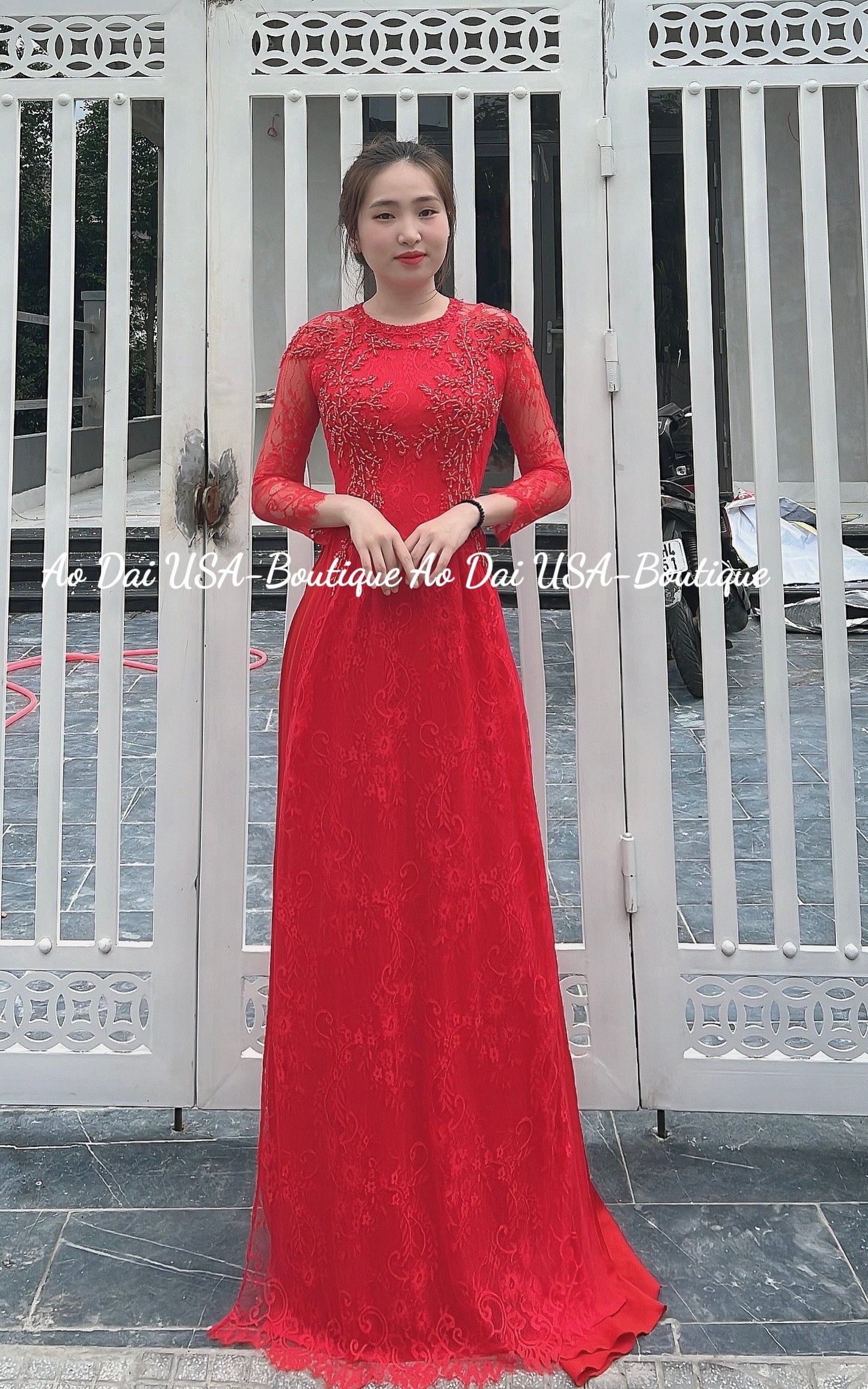 Double layers Ao Dai Set with pearls and crystal- B172