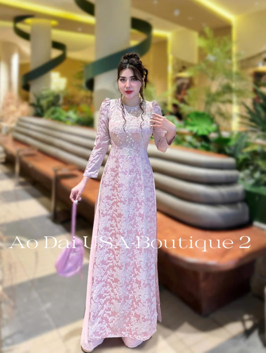 Top Only- Ao Dai Tơ Tam Thai Tuan Luxury Light Pink Color TT53