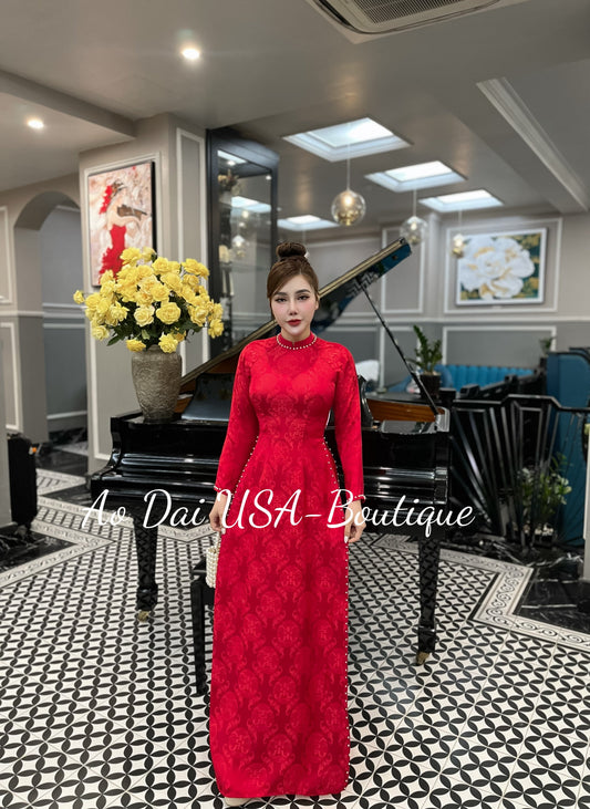 Ao Dai Lua Tơ tằm Tho Dơi Thái Tuấn- Red color design with pearl- TT85