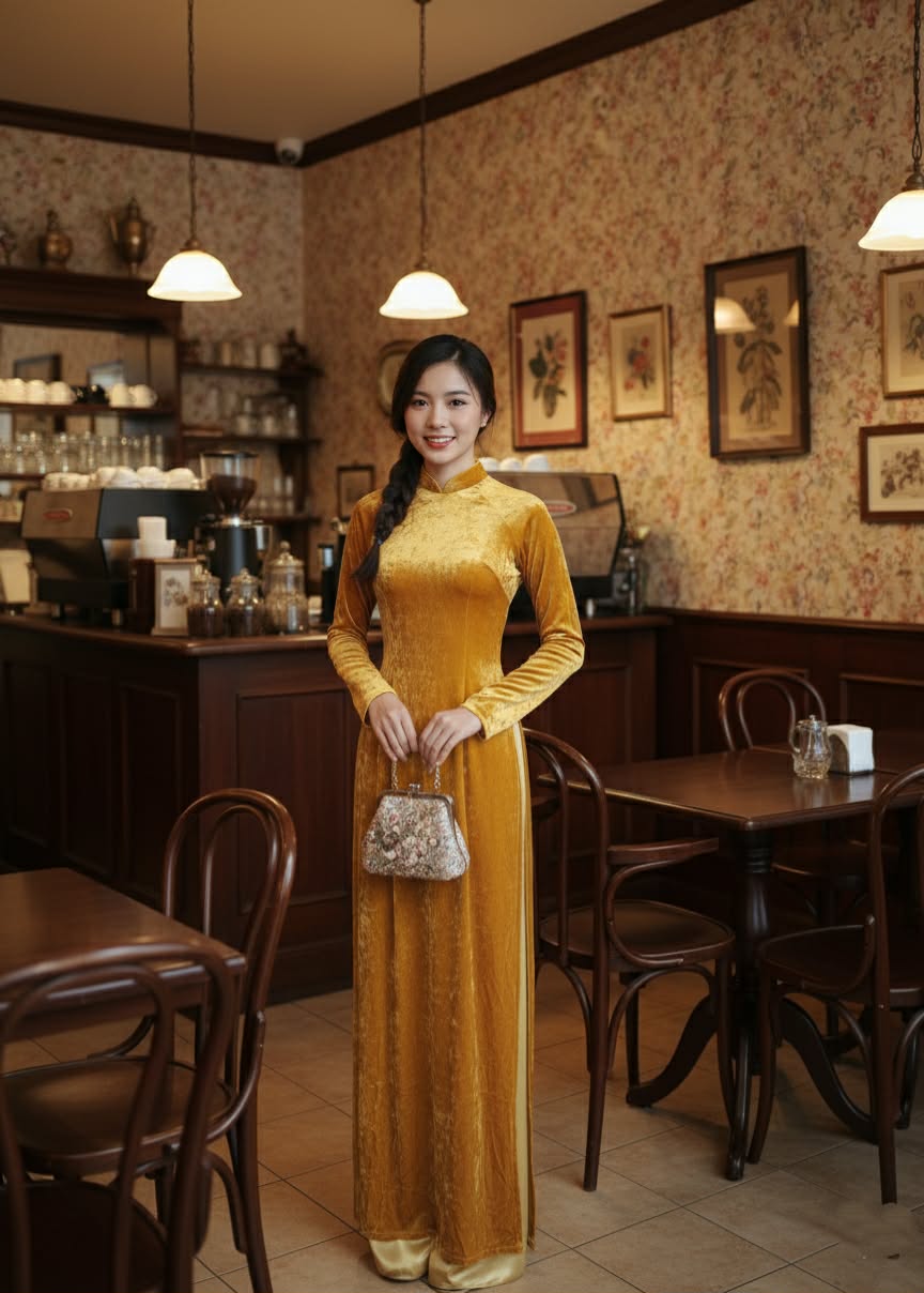Ao Dai Nhung- Velet: Vietnamese Traditional Long Dress / Yellow Color/ No pants/ TT89